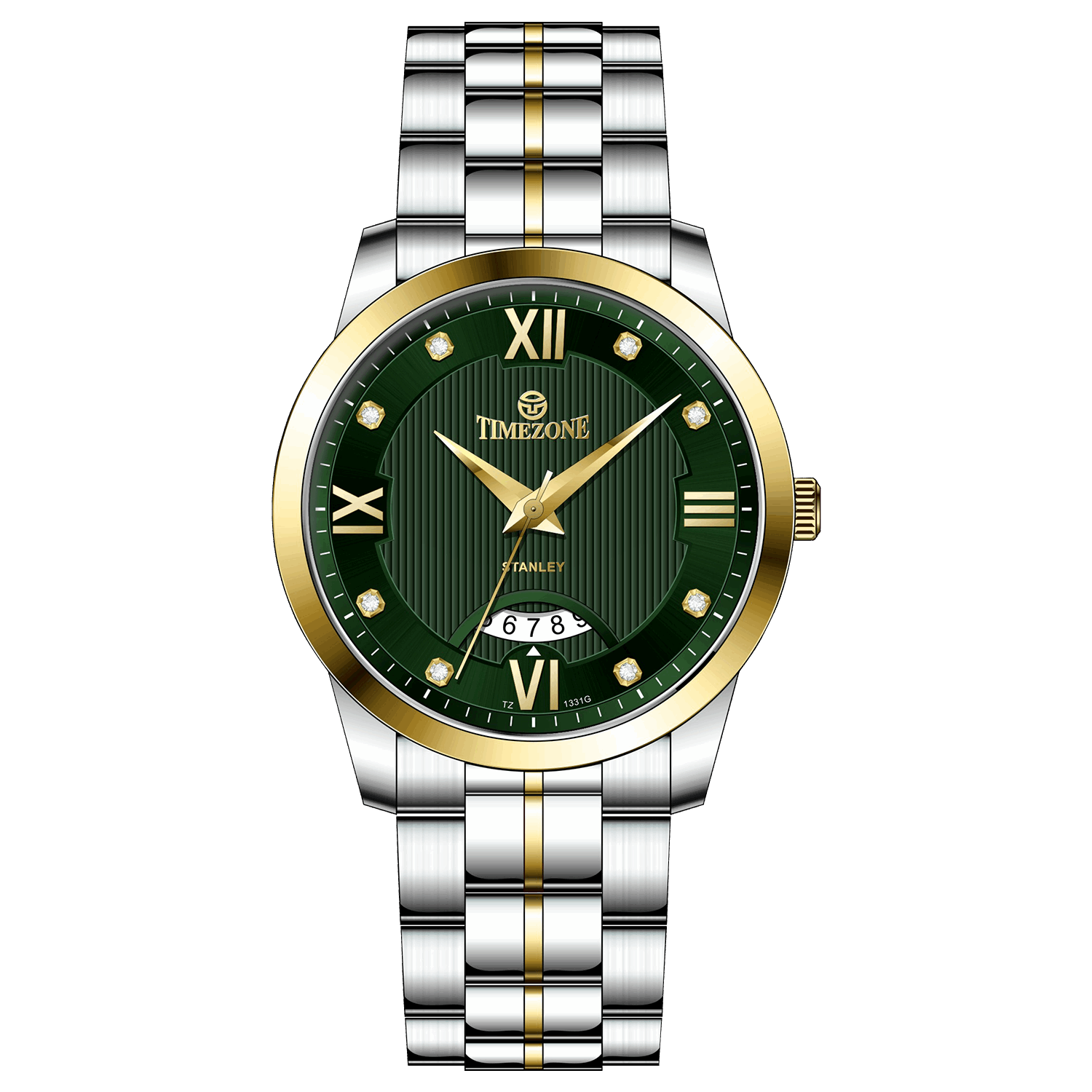 A stainless steel TimeZone watch with a silver dial, gold hands, and a stainless steel band. Discover timezone watches: elegant branded wrist watches for men in pakistan.