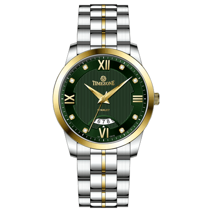 A stainless steel TimeZone watch with a silver dial, gold hands, and a stainless steel band. Discover timezone watches: elegant branded wrist watches for men in pakistan.