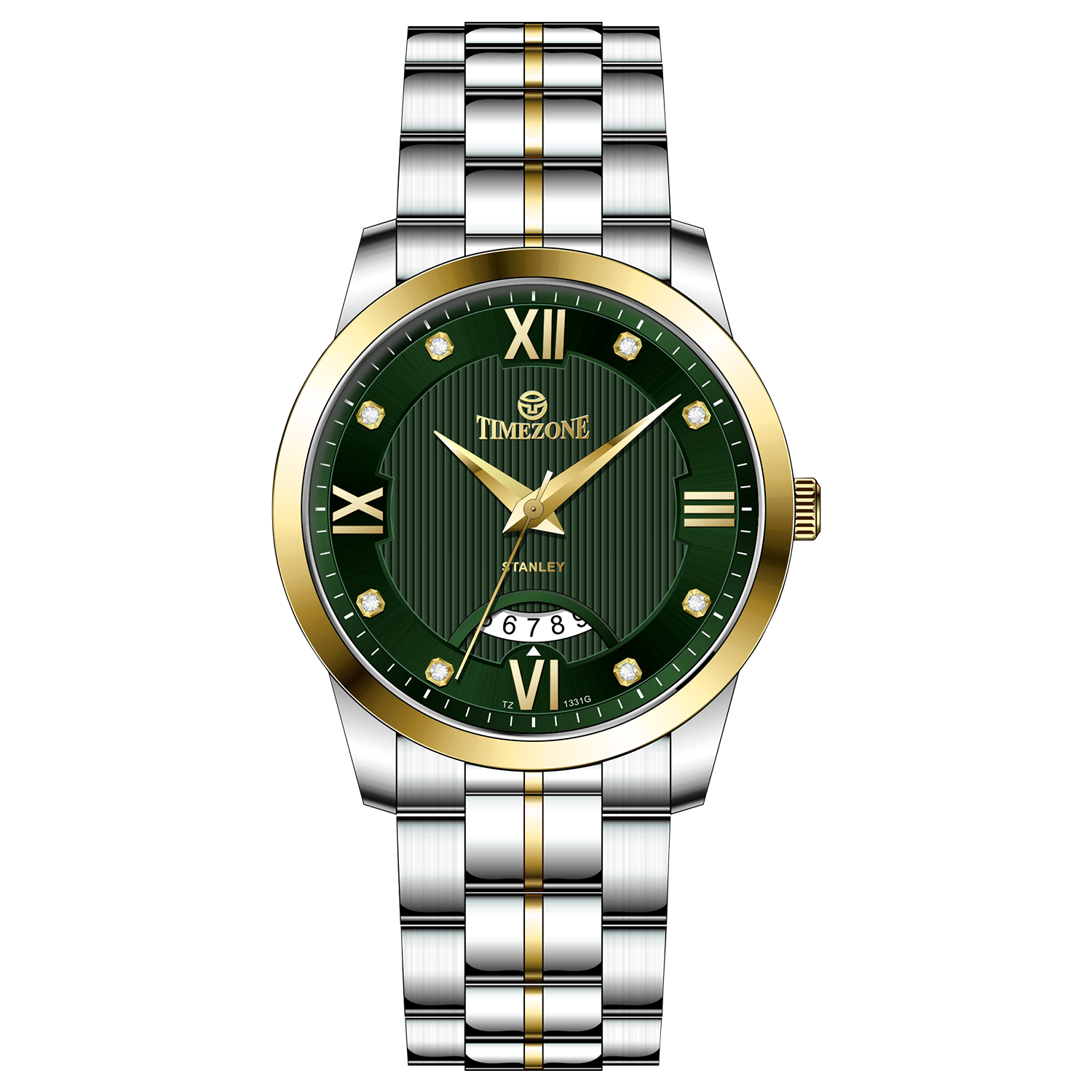A stainless steel TimeZone watch with a silver dial, gold hands, and a stainless steel band. Discover timezone watches: elegant branded wrist watches for men in pakistan.