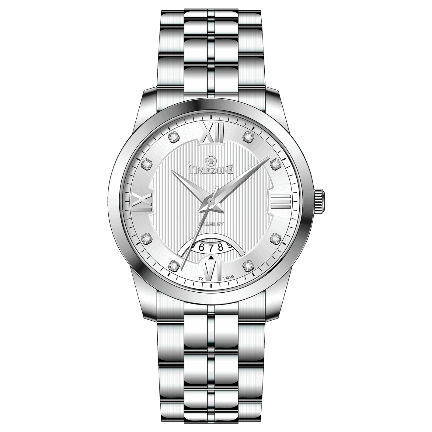 A silver stainless steel timezone watch with a round dial, stainless steel band, and a date display. Discover timezone watches: elegant branded wrist watches for men in pakistan.