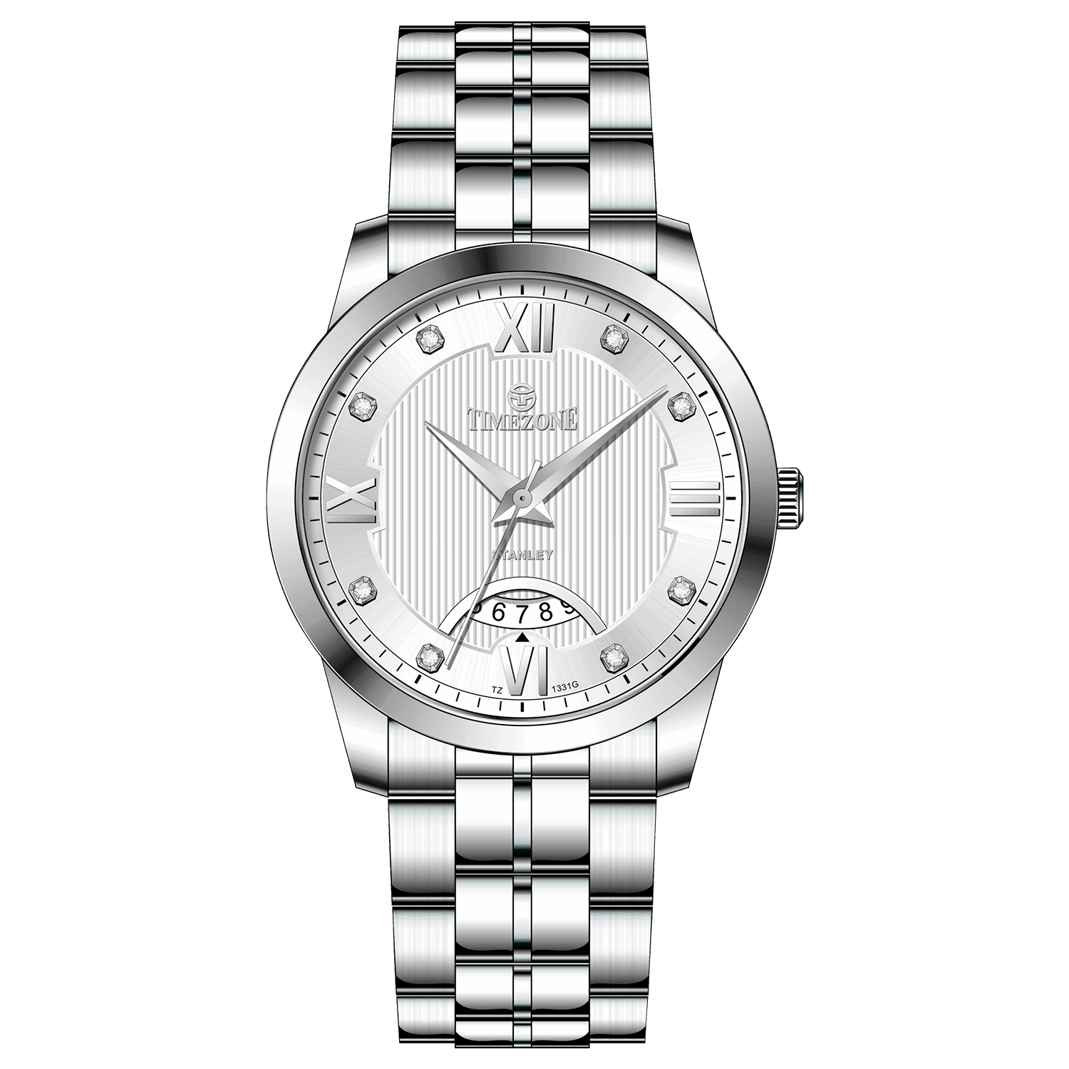 A silver stainless steel timezone watch with a round dial, stainless steel band, and a date display. Discover timezone watches: elegant branded wrist watches for men in pakistan.