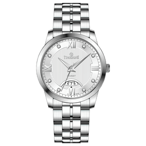 A silver stainless steel timezone watch with a round dial, stainless steel band, and a date display. Discover timezone watches: elegant branded wrist watches for men in pakistan.