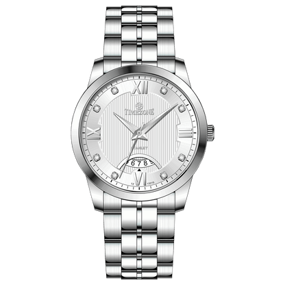 A silver stainless steel timezone watch with a round dial, stainless steel band, and a date display. Discover timezone watches: elegant branded wrist watches for men in pakistan.