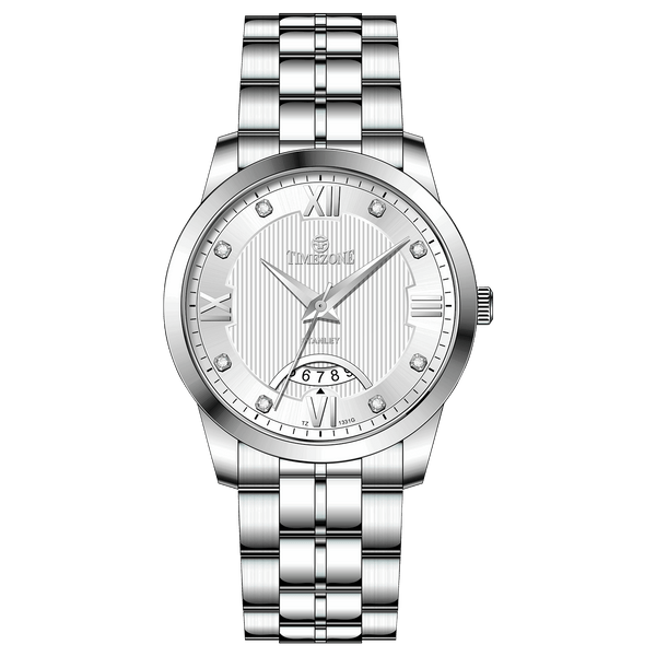 A silver stainless steel timezone watch with a round dial, stainless steel band, and a date display. Discover timezone watches: elegant branded wrist watches for men in pakistan.