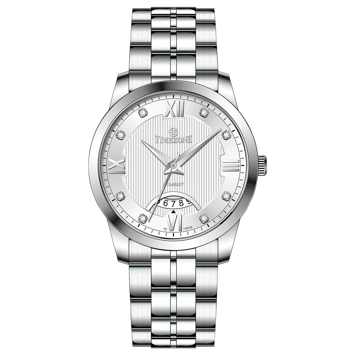 A silver stainless steel timezone watch with a round dial, stainless steel band, and a date display. Discover timezone watches: elegant branded wrist watches for men in pakistan.