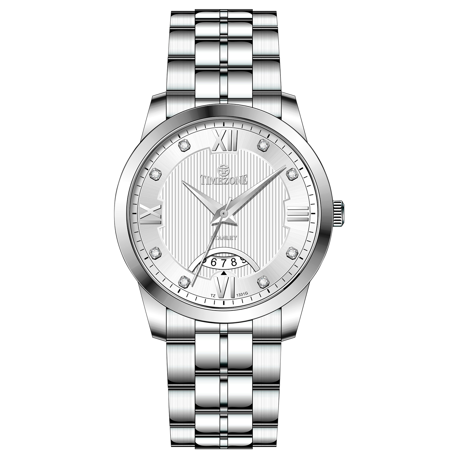 A silver stainless steel timezone watch with a round dial, stainless steel band, and a date display. Discover timezone watches: elegant branded wrist watches for men in pakistan.