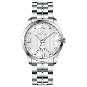 A silver stainless steel timezone watch with a round dial, stainless steel band, and a date display. Discover timezone watches: elegant branded wrist watches for men in pakistan.