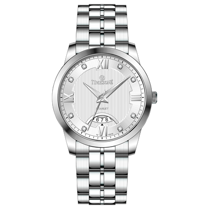 A silver stainless steel timezone watch with a round dial, stainless steel band, and a date display. Discover timezone watches: elegant branded wrist watches for men in pakistan.