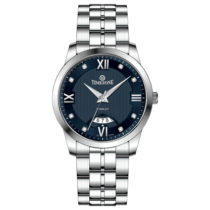 A silver stainless steel timezone watch with a round dial, stainless steel band, and a date display. Discover timezone watches: elegant branded wrist watches for men in pakistan.