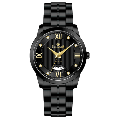 A black stainless steel Timezone watch, featuring a stainless steel band and a date display. Discover timezone watches: elegant branded wrist watches for men in pakistan.