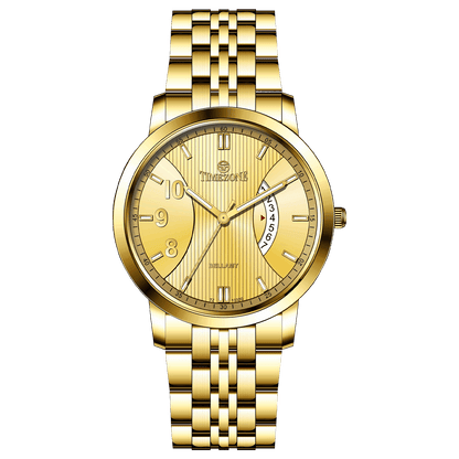 A Timezone branded watch with a stainless steel band and a gold-tone case featuring a white dial with black hands and markers. Discover timezone watches: elegant branded wrist watches for men in pakistan.