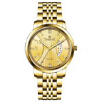 A Timezone branded watch with a stainless steel band and a gold-tone case featuring a white dial with black hands and markers. Discover timezone watches: elegant branded wrist watches for men in pakistan.