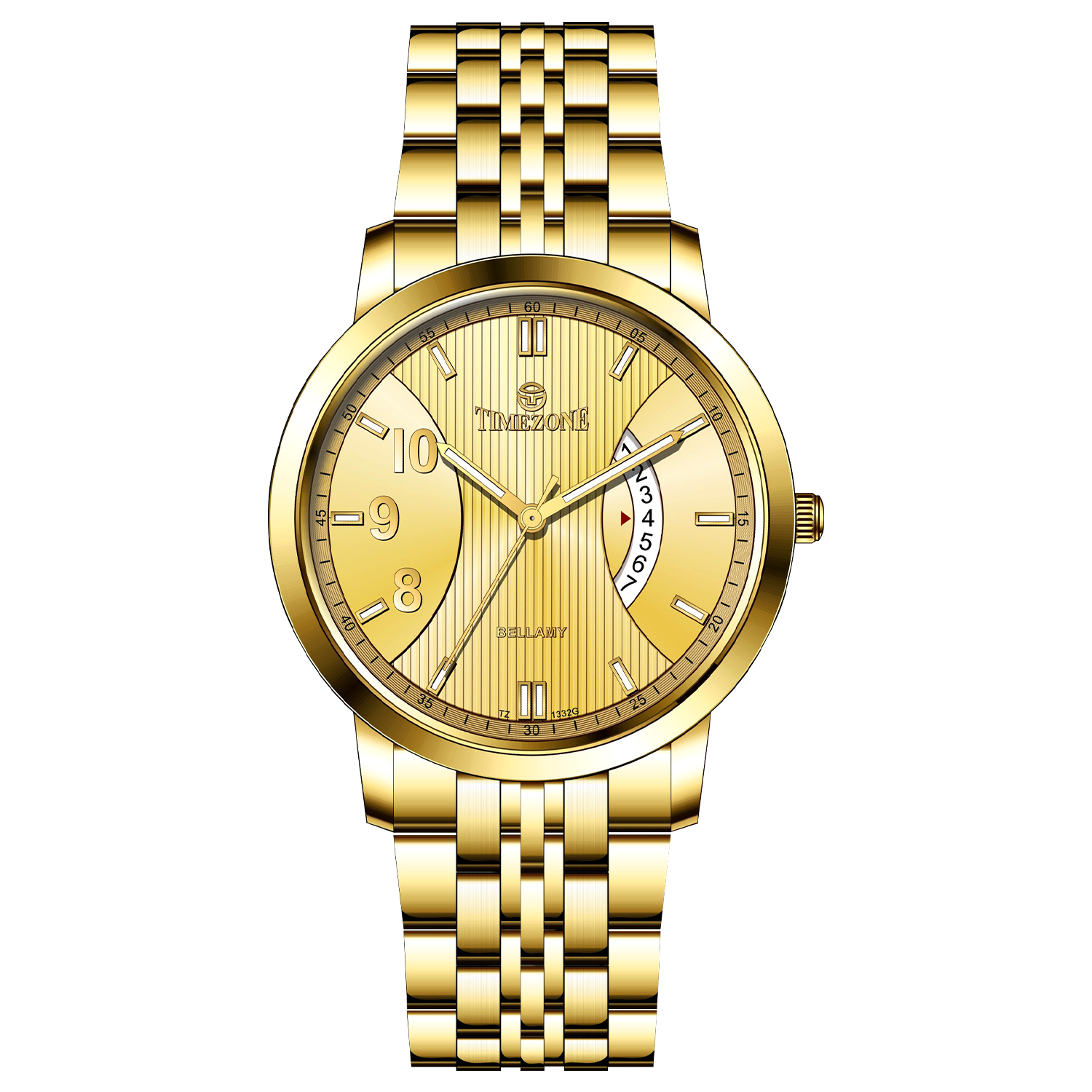 A Timezone branded watch with a stainless steel band and a gold-tone case featuring a white dial with black hands and markers. Discover timezone watches: elegant branded wrist watches for men in pakistan.