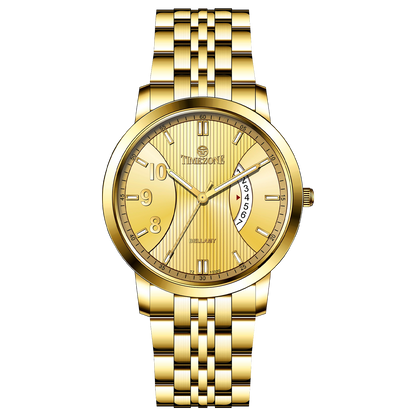 A Timezone branded watch with a stainless steel band and a gold-tone case featuring a white dial with black hands and markers. Discover timezone watches: elegant branded wrist watches for men in pakistan.