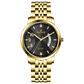 A branded watch with a stainless steel band and a gold-tone case featuring a dial with black hands and markers. Discover timezone watches: elegant branded wrist watches for men in pakistan.