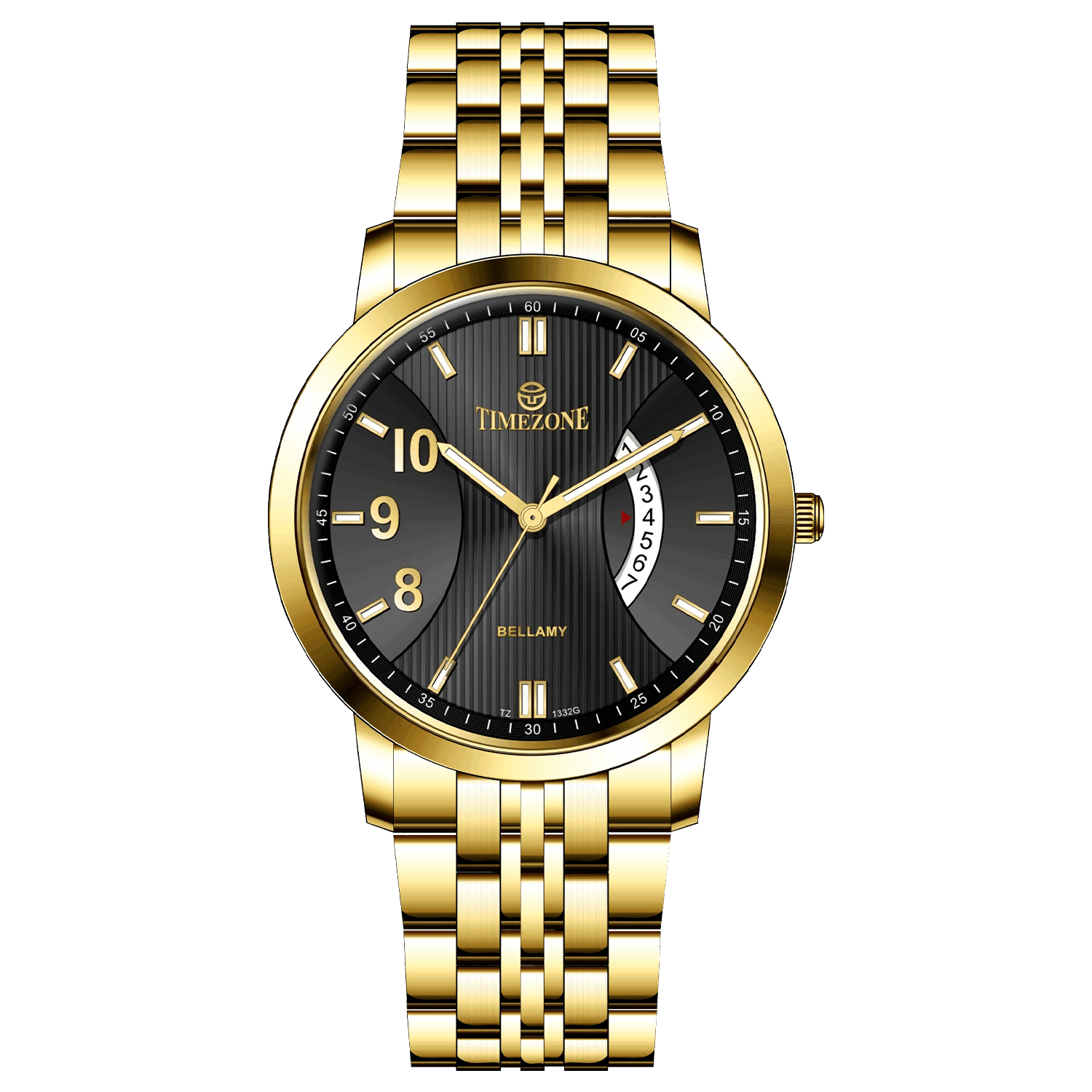 A branded watch with a stainless steel band and a gold-tone case featuring a dial with black hands and markers. Discover timezone watches: elegant branded wrist watches for men in pakistan.