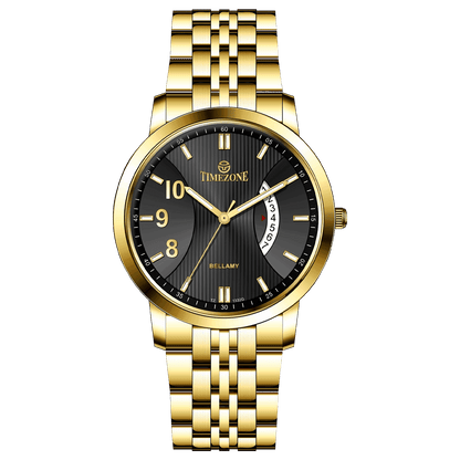 A branded watch with a stainless steel band and a gold-tone case featuring a dial with black hands and markers. Discover timezone watches: elegant branded wrist watches for men in pakistan.