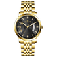 A branded watch with a stainless steel band and a gold-tone case featuring a dial with black hands and markers. Discover timezone watches: elegant branded wrist watches for men in pakistan.
