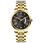 A branded watch with a stainless steel band and a gold-tone case featuring a dial with black hands and markers. Discover timezone watches: elegant branded wrist watches for men in pakistan.