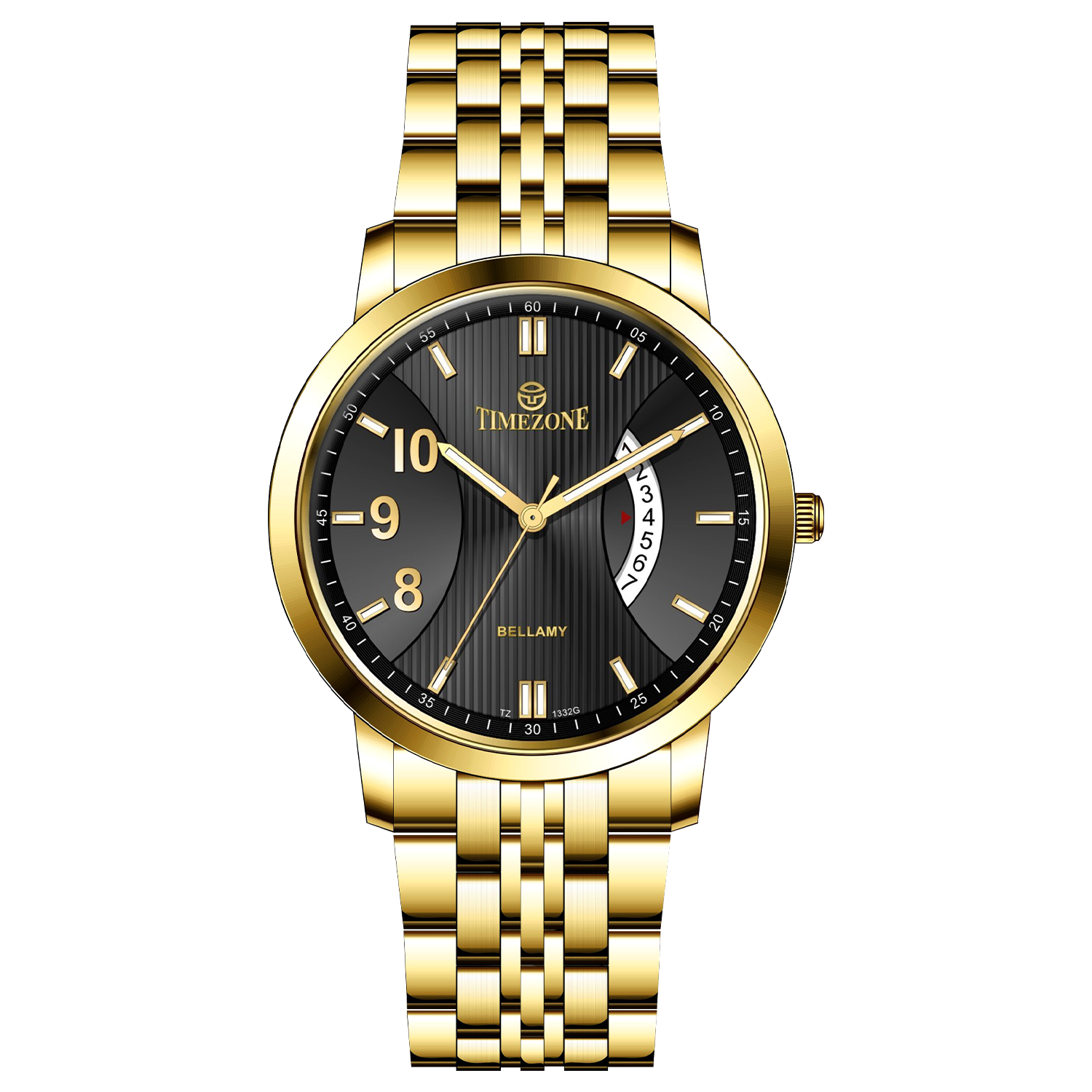 A branded watch with a stainless steel band and a gold-tone case featuring a dial with black hands and markers. Discover timezone watches: elegant branded wrist watches for men in pakistan.