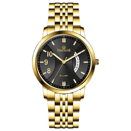 A branded watch with a stainless steel band and a gold-tone case featuring a dial with black hands and markers. Discover timezone watches: elegant branded wrist watches for men in pakistan.
