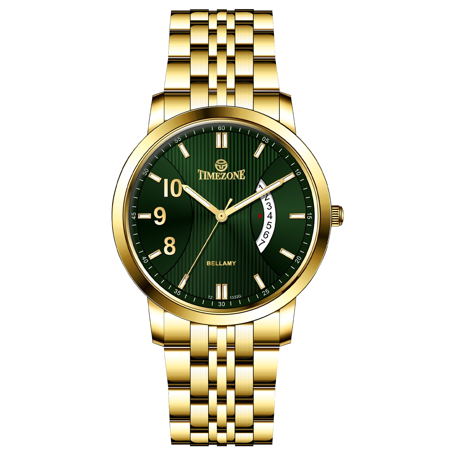 A Timezone branded watch with a stainless steel band and a gold-tone case featuring a white dial with black hands and markers. Discover timezone watches: elegant branded wrist watches for men in pakistan.
