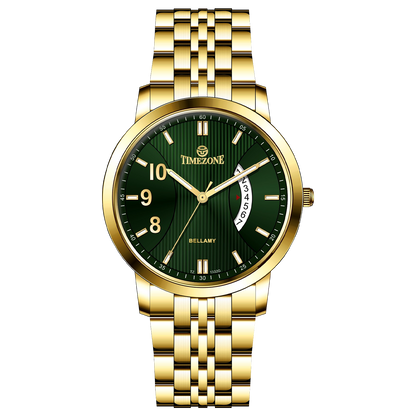 A Timezone branded watch with a stainless steel band and a gold-tone case featuring a white dial with black hands and markers. Discover timezone watches: elegant branded wrist watches for men in pakistan.