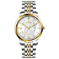 A Timezone watch with a stainless steel band and a silver dial featuring gold accents and markers.