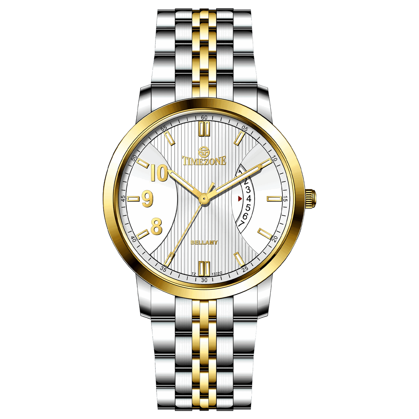 A Timezone watch with a stainless steel band and a silver dial featuring gold accents and markers.