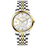 A Timezone watch with a stainless steel band and a silver dial featuring gold accents and markers.