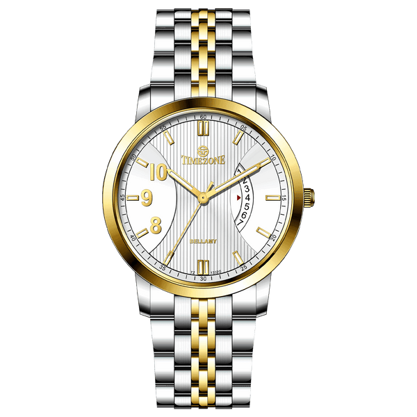 A Timezone watch with a stainless steel band and a silver dial featuring gold accents and markers.