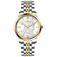 A Timezone watch with a stainless steel band and a silver dial featuring gold accents and markers.
