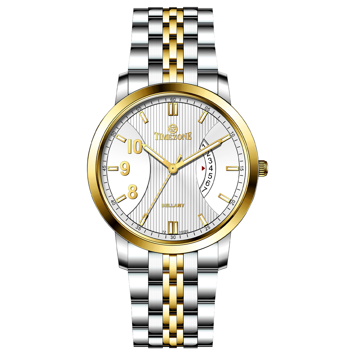 A Timezone watch with a stainless steel band and a silver dial featuring gold accents and markers.