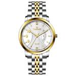 A Timezone watch with a stainless steel band and a silver dial featuring gold accents and markers.