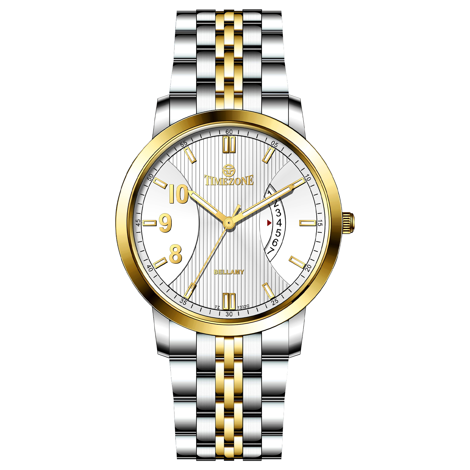A Timezone watch with a stainless steel band and a silver dial featuring gold accents and markers.
