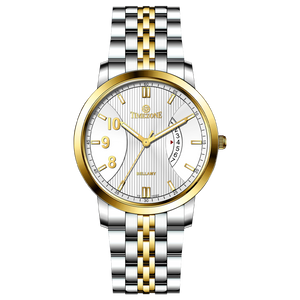 A Timezone watch with a stainless steel band and a silver dial featuring gold accents and markers.