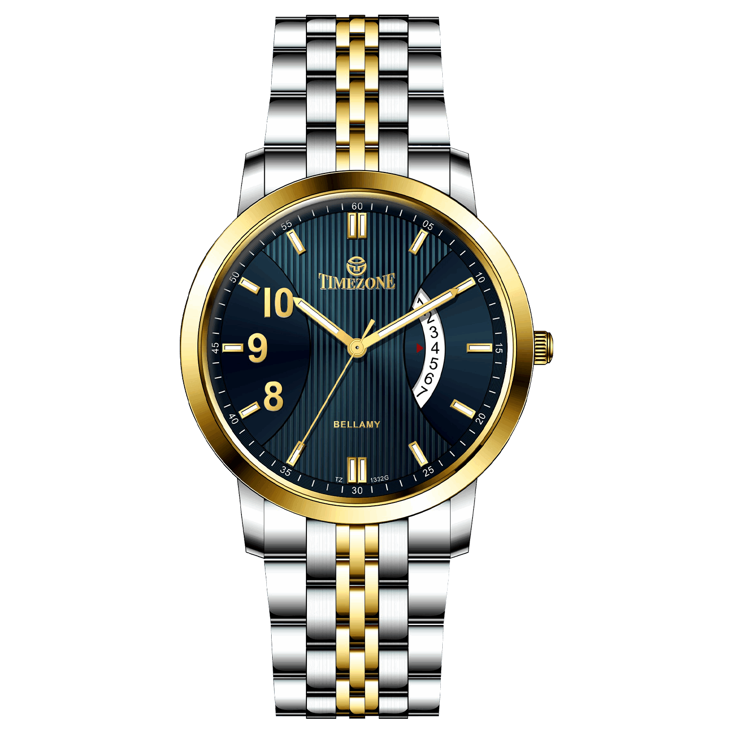 A Timezone watch with a stainless steel band and a silver dial featuring gold accents and markers. Discover timezone watches: elegant branded wrist watches for men in pakistan.