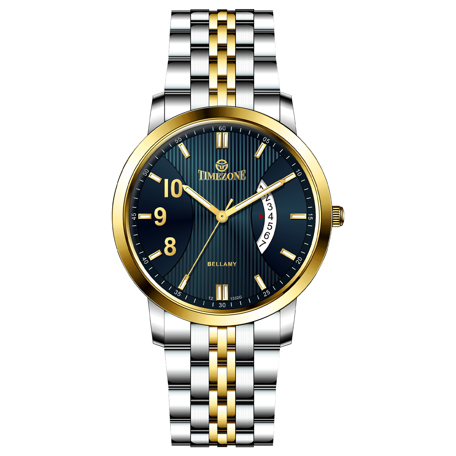 A Timezone watch with a stainless steel band and a silver dial featuring gold accents and markers. Discover timezone watches: elegant branded wrist watches for men in pakistan.