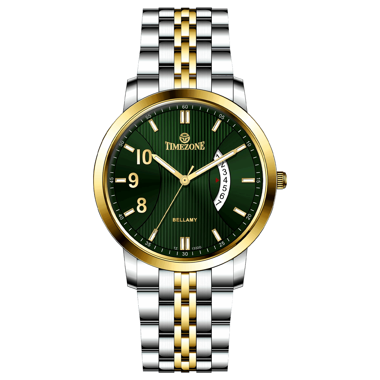 A Timezone watch with a stainless steel band and a silver dial featuring gold accents and markers. Discover timezone watches: elegant branded wrist watches for men in pakistan.