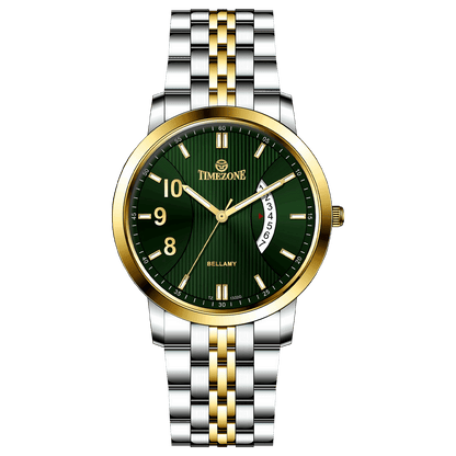 A Timezone watch with a stainless steel band and a silver dial featuring gold accents and markers. Discover timezone watches: elegant branded wrist watches for men in pakistan.