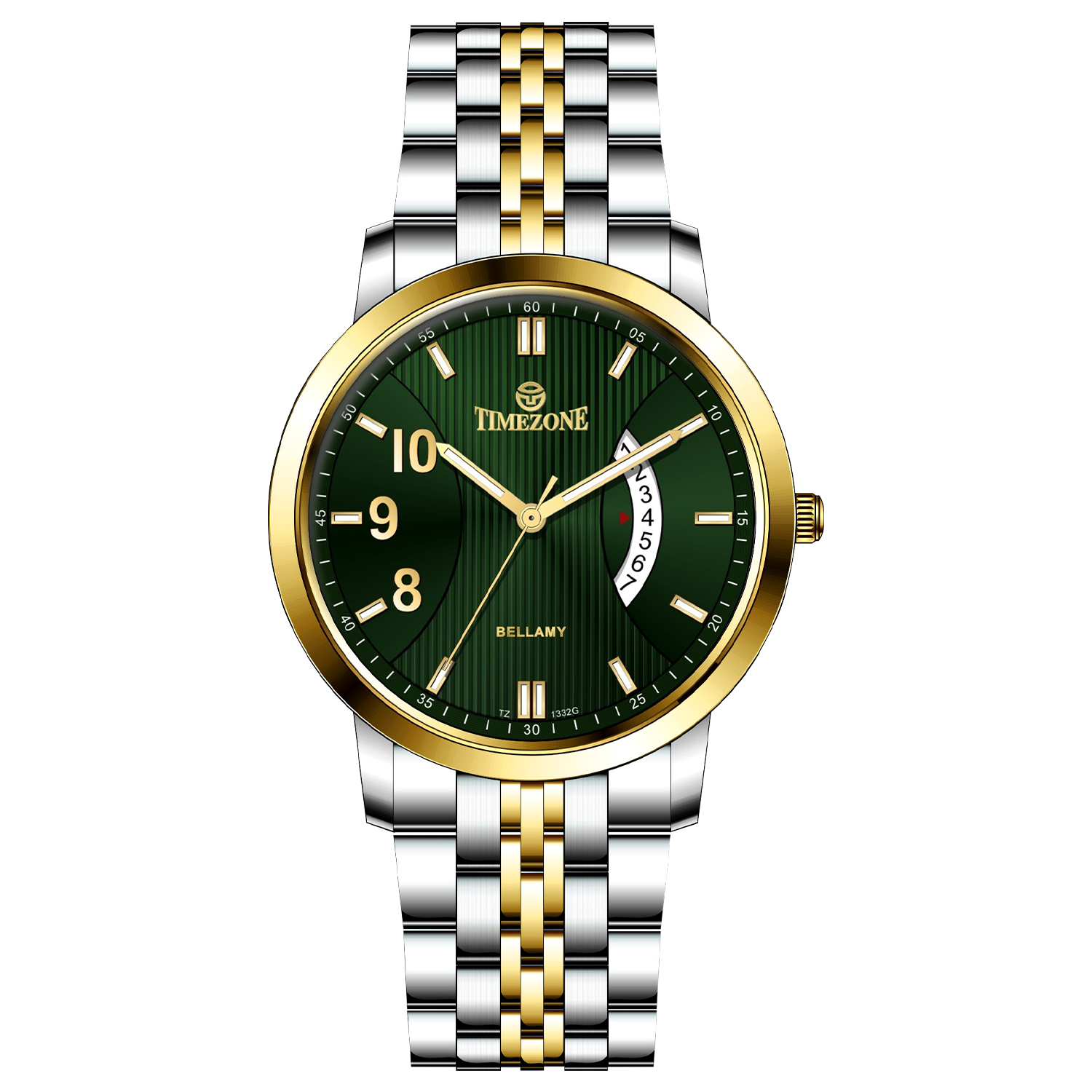 A Timezone watch with a stainless steel band and a silver dial featuring gold accents and markers. Discover timezone watches: elegant branded wrist watches for men in pakistan.