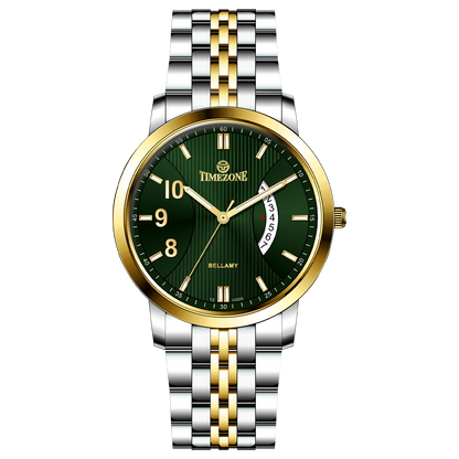 A Timezone watch with a stainless steel band and a silver dial featuring gold accents and markers. Discover timezone watches: elegant branded wrist watches for men in pakistan.