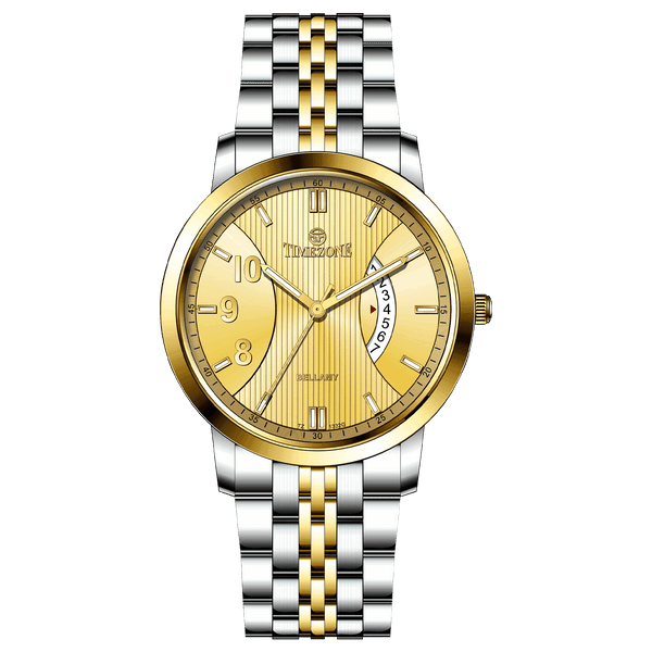 A Timezone watch with a stainless steel band and a silver dial featuring gold accents and markers. Discover timezone watches: elegant branded wrist watches for men in pakistan.