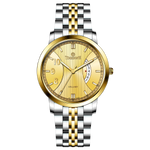 A Timezone watch with a stainless steel band and a silver dial featuring gold accents and markers. Discover timezone watches: elegant branded wrist watches for men in pakistan.