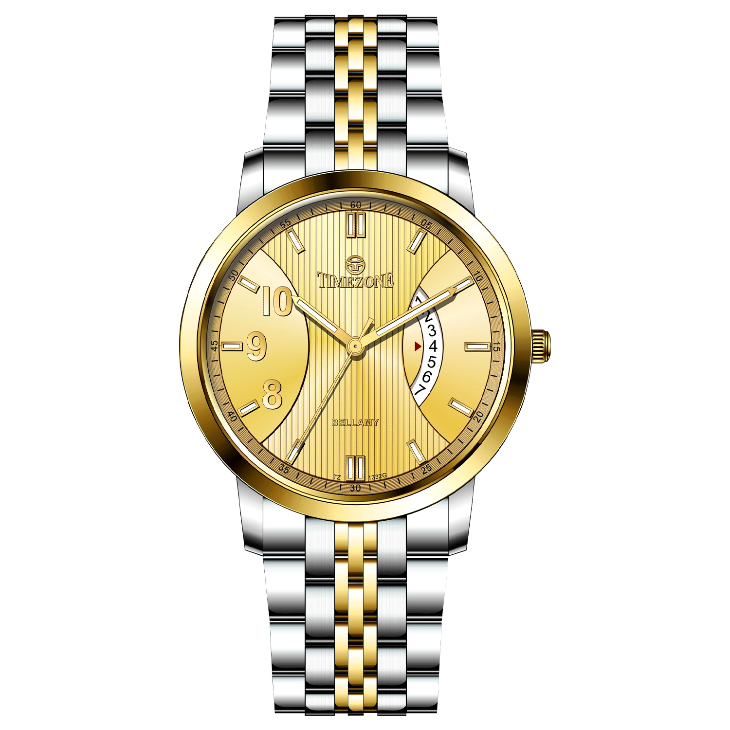 A Timezone watch with a stainless steel band and a silver dial featuring gold accents and markers. Discover timezone watches: elegant branded wrist watches for men in pakistan.