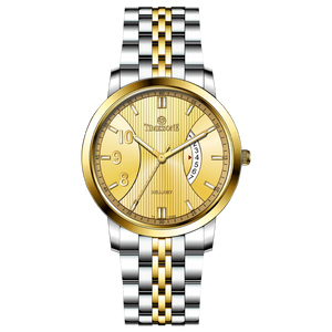 A Timezone watch with a stainless steel band and a silver dial featuring gold accents and markers. Discover timezone watches: elegant branded wrist watches for men in pakistan.