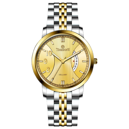 A Timezone watch with a stainless steel band and a silver dial featuring gold accents and markers. Discover timezone watches: elegant branded wrist watches for men in pakistan.