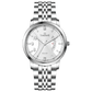 A silver TIMEZONE watch with a stainless steel band and pearl dial surrounded by a silver case and a silver chain. Discover timezone watches: elegant branded wrist watches for men in pakistan.
