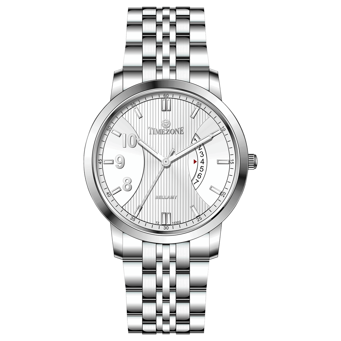 A silver TIMEZONE watch with a stainless steel band and pearl dial surrounded by a silver case and a silver chain. Discover timezone watches: elegant branded wrist watches for men in pakistan.