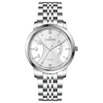 A silver TIMEZONE watch with a stainless steel band and pearl dial surrounded by a silver case and a silver chain. Discover timezone watches: elegant branded wrist watches for men in pakistan.